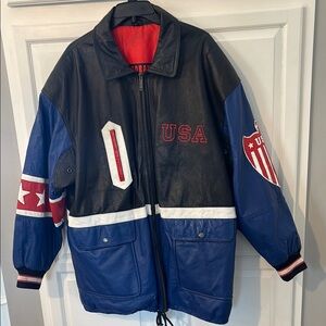 Michael Hoban USA Leather Jacket with Blue and Red Accents